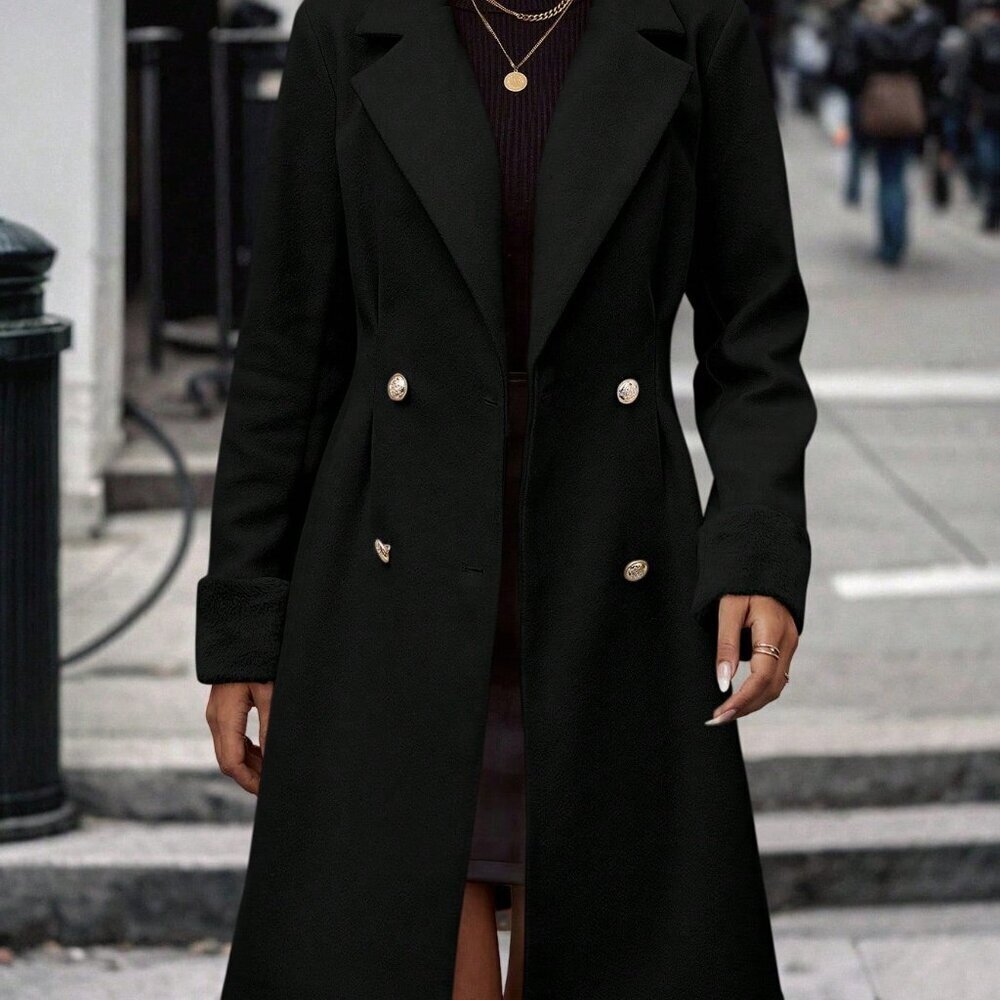 Black Casual Women's Lapel Neck Double Breasted Overcoat - Picture 6 of 6